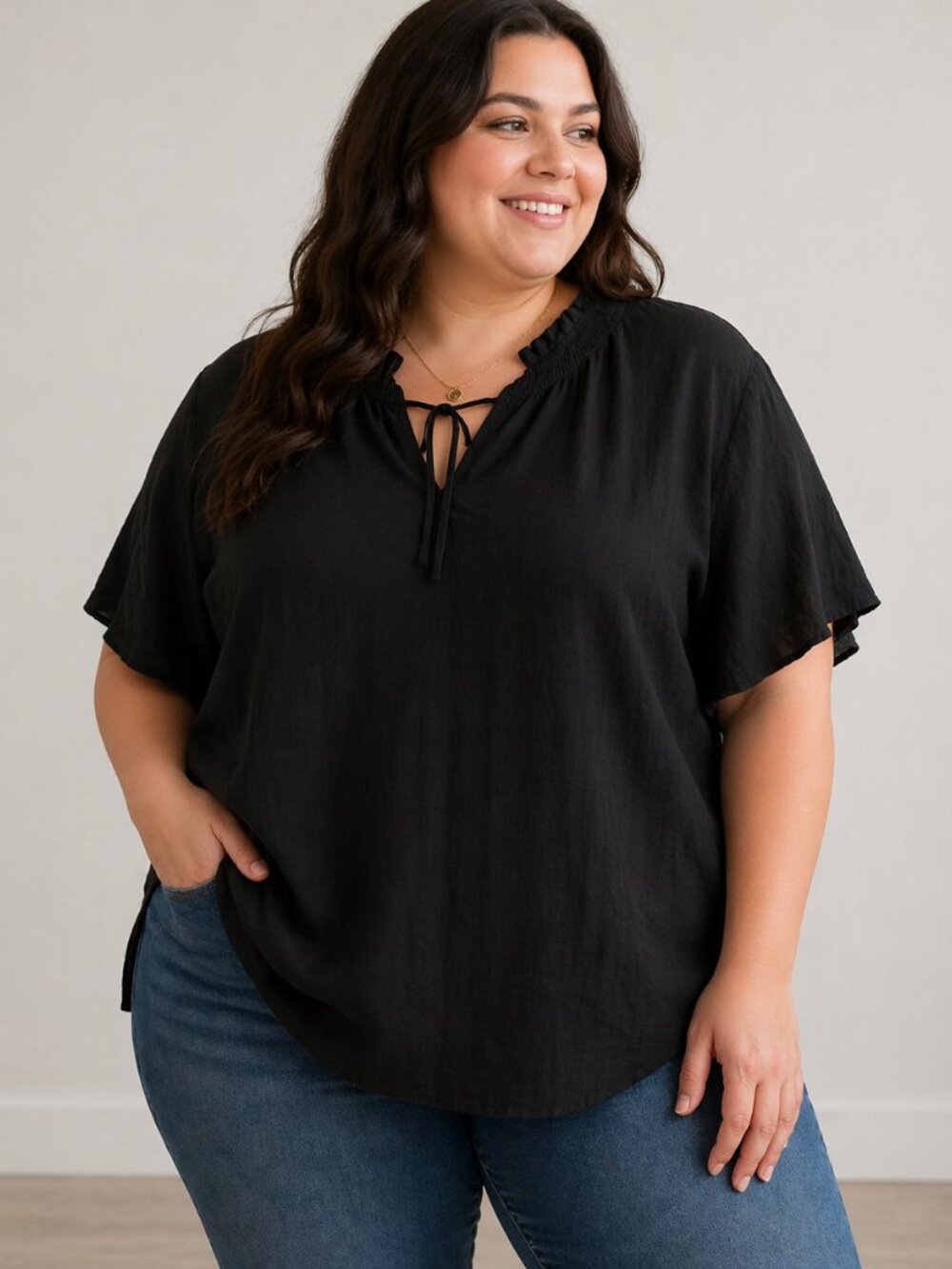 Lane Bryant Women's Plus Size Black Tie Neck Lightweight Blouse Size 22